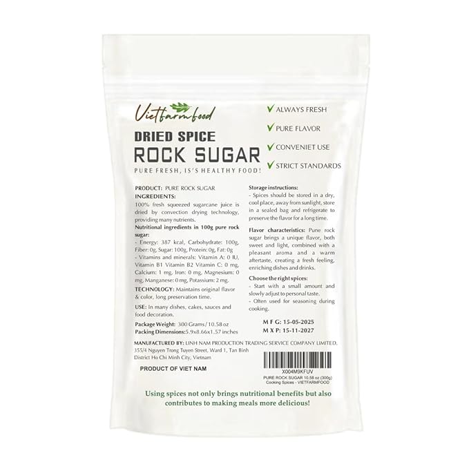 PURE ROCK SUGAR 10.58 Oz (300g) VIETFARMFOOD: Natural pure, convection dried seasoning made from real fruits - perfect for adding flavor to any meal, from cooking, baking, salads, soups, sauces
