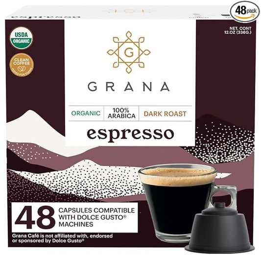 G GRANA Espresso USDA Organic Dolce Gusto Compatible Coffee Pods, 100% Arabica Single Source Specialty Coffee, 48 Single Serve Pods