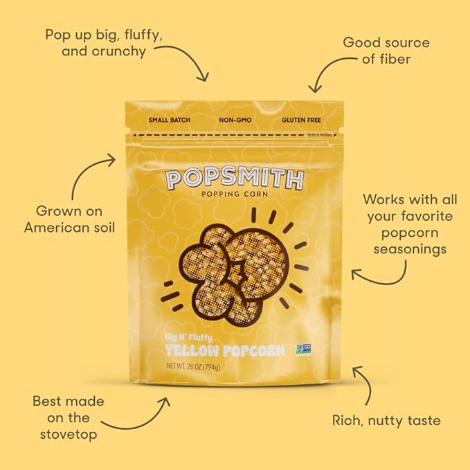 Popsmith - 28oz Pouch Yellow Popcorn Kernels for Popping - Grown in USA, Non-GMO, Vegan, and All-Natural - Unpopped Popcorn Kernels for Stovetop Popcorn Machine