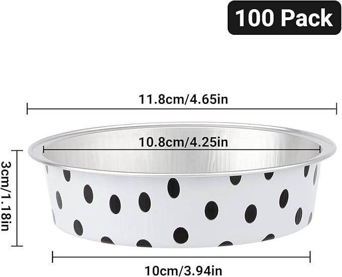 Beasea Aluminum Ramekins Disposable, 100 Pack 4" 7.3oz 215ml Baking Foil Cups Mini Ramekin Cup Cupcake Aluminum Baking Cups No Lids for Party - Black Dot in White
