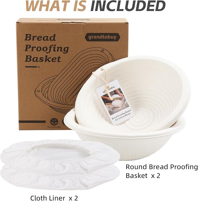 2 x 10inch Pulp Round Sourdough Banneton Bread Proofing Basket Baking Supply with Linen Liners for Professional and Homemade Artisan Bread