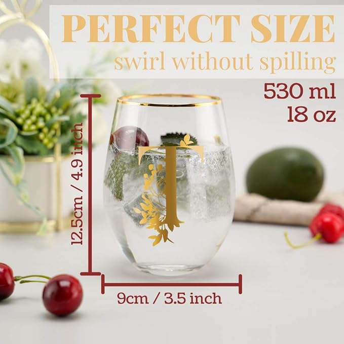 Onebttl Unique Stemless Wine Glasses, Initial Wine Cup for Red or White Wine - 18oz, Monogrammed, Gold - for Women, Girls, Female, Her, Friends, Coworkers, Clients - for Birthday, Christmas