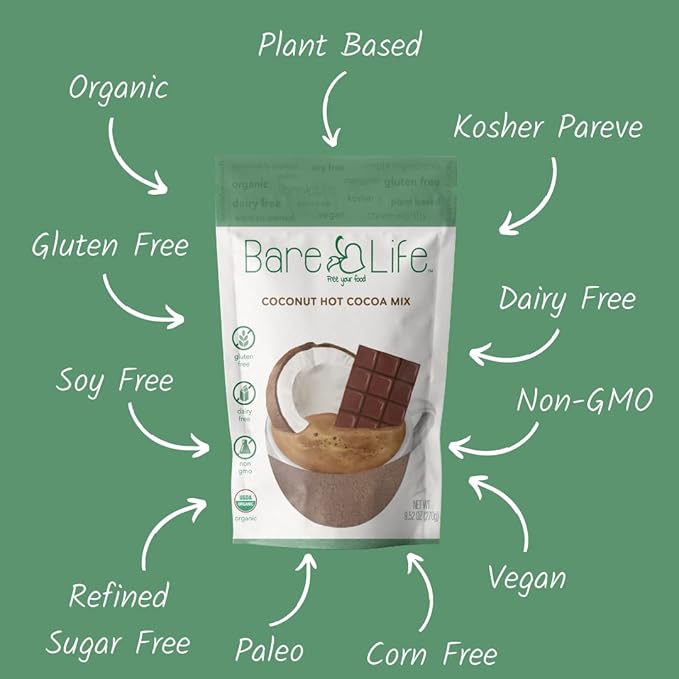 Bare Life: Dairy Free Coconut Hot Cocoa Mix Pouch | Gluten Free, Vegan, USDA Organic, Plant Based, Paleo, Soy Free, Corn Free, Lactose Free, Kosher Pareve, Refined Sugar Free, Hot Chocolate - Just Add Hot Water, 9.52 oz.