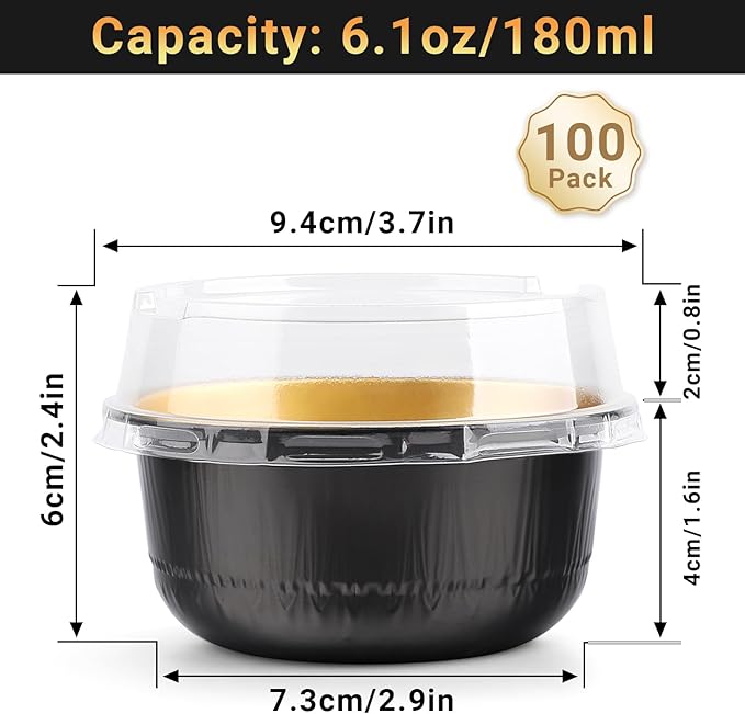 Beasea Aluminum Foil Ramekin Cups With Lids, 100 Pack 6.1oz 180ml Mini Disposable Foil Ramekins Aluminum Round Oven Baking Cupcake Cups for Party - Black Gold