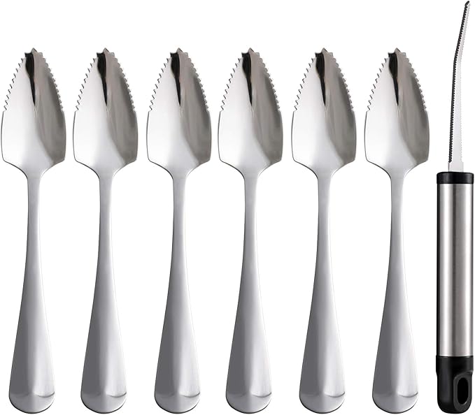 Grapefruit Spoons and Grapefruit Knife, Set of 7 Food Grade Stainless Steel Dessert Spoons Mirror Finish Fruit Knife, Serrated Grapefruit Utensils Tool, Suitable for Citrus Fruits Desserts Salads