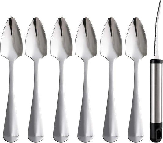 Grapefruit Spoons and Grapefruit Knife, Set of 7 Food Grade Stainless Steel Dessert Spoons Mirror Finish Fruit Knife, Serrated Grapefruit Utensils Tool, Suitable for Citrus Fruits Desserts Salads
