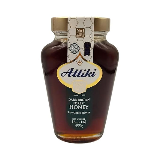 Attiki Dark Brown Greek Honey with Wild Flora and Thyme, Perfect for Baking, Cooking, Lemonade and Tea, 16 oz (453 grams), Glass Jar