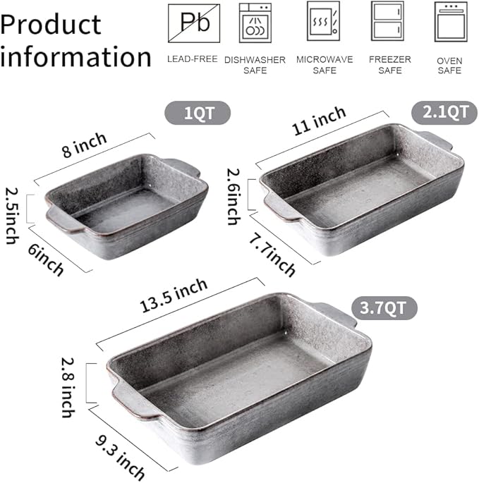 KOOV Bakeware Set, Ceramic Baking Dish Set, Rectangular Casserole Dish Set, lasagna Pan, Baking Pans Set for Cooking, Cake Dinner, Kitchen, 9 x 13 Inches, Reactive Glaze 3-Piece (Variable Grey)