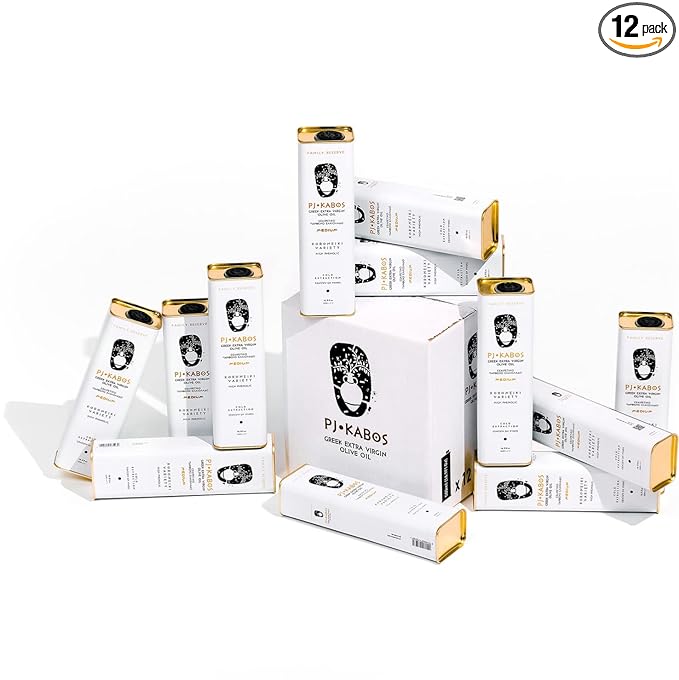 P.J. KABOS 2024/25 Harvest, High Phenolic (450+mg/kg), Natural Greek Extra Virgin Olive Oil, Kosher, Greece, Cold Extracted, 16.9 oz Tin, Koroneiki, "Family Reserve -Medium" (12-Pack)