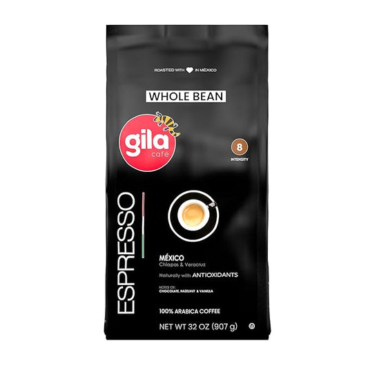 gila café Whole Beans Coffee Medium Roast Espresso 32oz (1-Pack) - 100% Mexican Arabica Roasted Coffee Beans - Made with Coffeeberry - Chocolate, Hazelnut, Vanilla Notes
