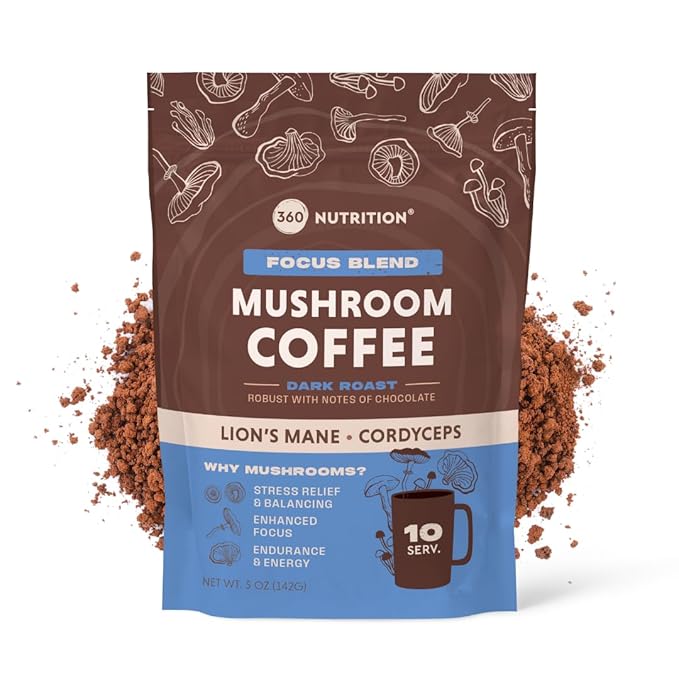 360 Nutrition Instant Mushroom Coffee with Cordyceps, Lion?™s Mane Superfood Mushrooms and Ashwagandha for Cognitive Balance, Memory and Focus | Dark Roast, No Added Sugar 5 oz (Focus Blend)