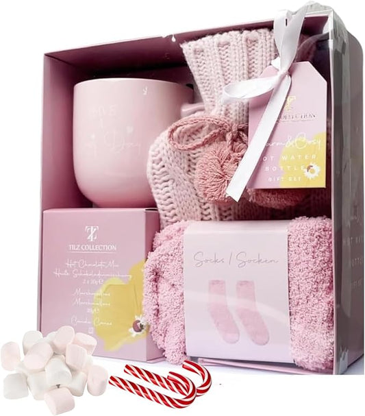 Gifts For Women - Hot Chocolate Gift Sets |Hot Cocoa Gift Sets With Mug, Mini Hot Water Bottle, Socks, Marshmallows For Hot Chocolate, Candy |Gourmet Hot Chocolate Gift Set