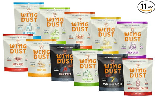 Kosmos Q Wing Dust Grill Spices and Seasonings Set - 11 Flavor Variety Chicken Wing Seasoning Gift Set - Dry Rubs for Grilling & Smoking - BBQ Spices Include Buffalo, Garlic Parmesan, Cajun, and More