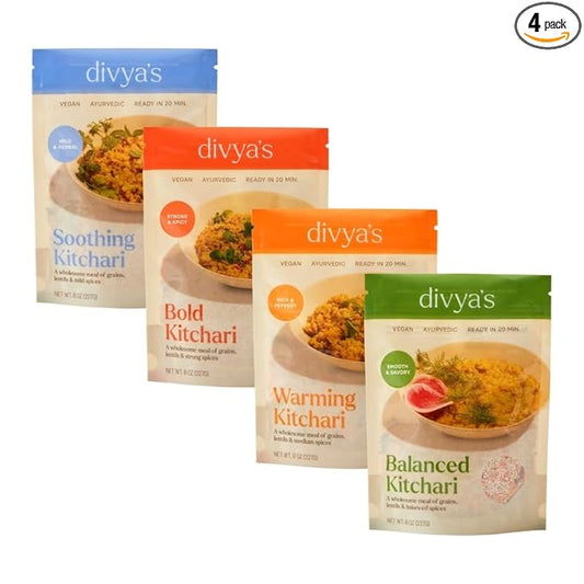 Divya's Kitchari Variety Bundle, One-Pot Ayurvedic Meal with Grains, Lentils, & Spices, Healthy & Nourishing Plant-Based Meal, Vegan, Non-GMO, Gluten Free, Organic, Family Size 4 Pack