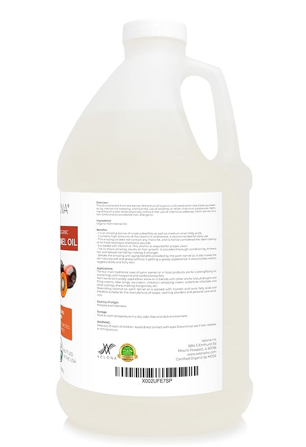 velona USDA Certified Organic Palm Kernel Oil - 1 Gallon / 128 Fl Oz | 100% Pure and Natural Carrier Oil | Refined, Cold Pressed | Face, Hair, Body & Skin Care | Use Today - Enjoy Results