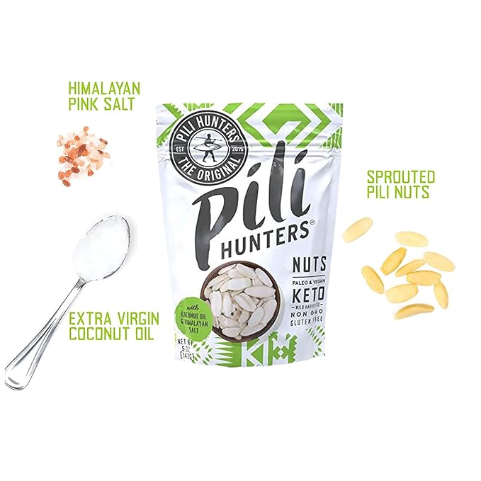 Pili Hunters - Wild Sprouted Pili Nuts, Coconut Oil and Himalayan Salt (5oz Bag) Keto/Paleo/Vegan Snacks, Low Carb Energy, Gluten Free, No Sugar Added, Superfood