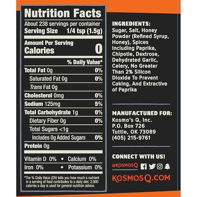 Kosmos Q Honey Chipotle Killer Bee BBQ Dry Rub, Sweet and Spicy Seasoning with Sugar, Chipotle, Garlic & Paprika for Ribs, Pulled Pork, Chicken, Dry Rub For Smoking & Grilling, 12.6 Oz Shaker Bottle