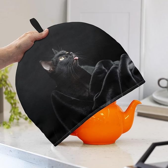 Black Cat Pattern Cow Tea Cozy for Teapot Thanksgiving Day Customized Teapot Covers Dome Teapot Cover with Handle Dust Cover Kitchen Kettle Dust Cover Can Hung and Folded 竊뉰lack竊?"<div>