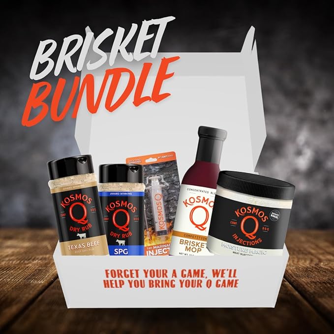 Kosmos Q Pitmaster BBQ Brisket- 5 pc Set - Texas Beef Rub, SPG Rub, Brisket Mop, Moisture Magic, 1oz Injector
