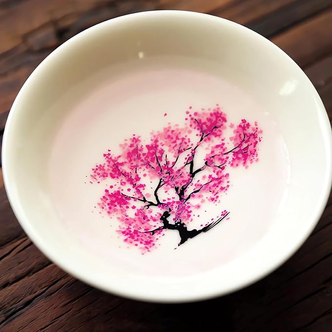 Magic Sakura Cherry Blossom Sake Cup - 2023 New Ceramic Sake Cold/Hot Temperature Color Changing Cup Glasses, Japanese Tea Wine Soju Sake Cup Glasses Set, Magical Blooming Sake Cups (Plum- Cold＆Hot)