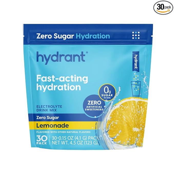HYDRANT Hydrate No Added Sugar, Individual Hydration Electrolyte Powder Stick Packets with Zero Sugar and Electrolytes for Rapid Hydration (Lemonade, 30 Count)
