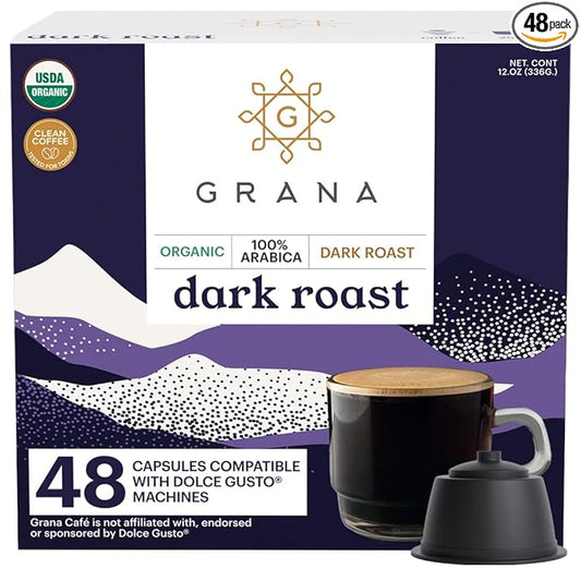 G GRANA Dark Roast USDA Organic Dolce Gusto Compatible Coffee Pods, 100% Arabica Single Source Specialty Coffee, 48 Single Serve Pods