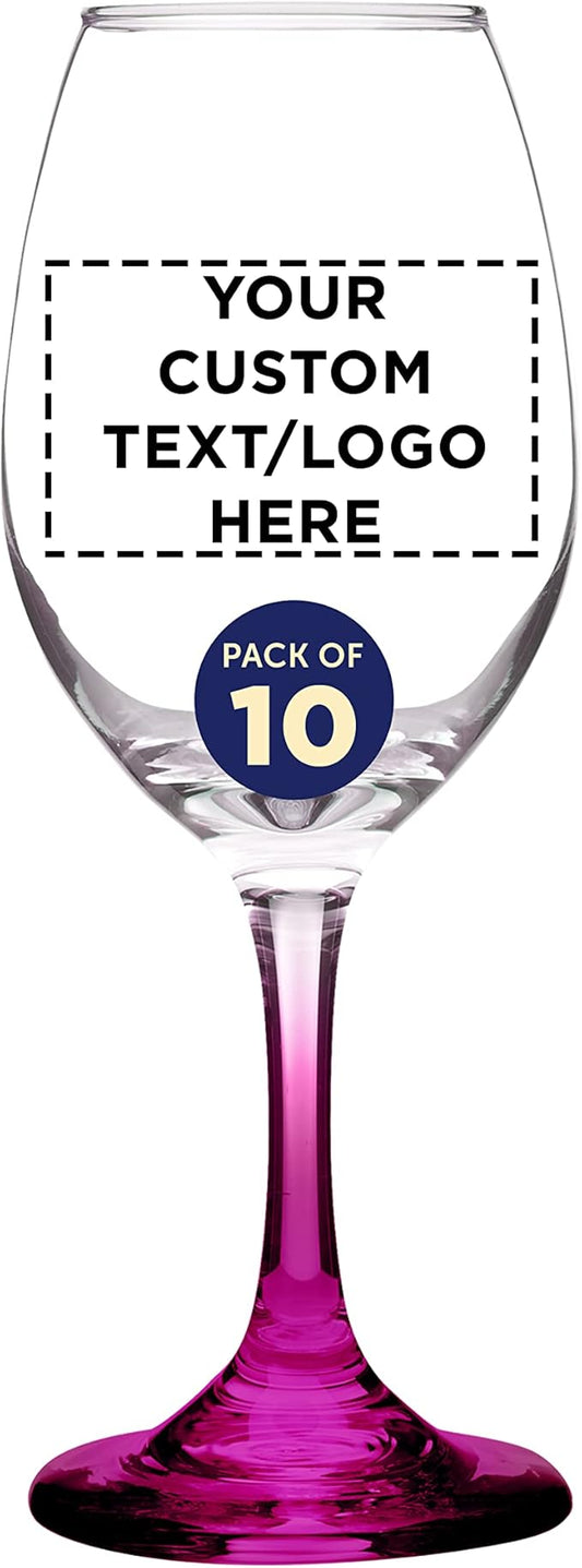 Custom Rioja Wine Glasses with Stem 10 oz. Set of 10, Personalized Bulk Pack - Color Bottom, Perfect for Wedding, Party Favors, Birthday, Bridal Shower Gifts - Pink