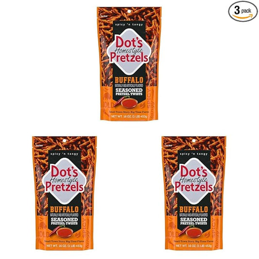 Dot's Pretzels Buffalo Seasoned Pretzel Twist Snack, 16oz Grocery Sized Bag (Pack of 3)