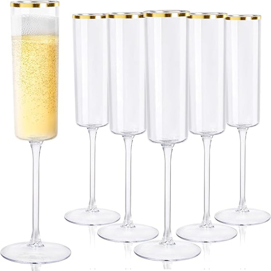Ciaell 24 Pack Plastic Champagne Flutes - 6Oz Gold Rim Disposable Champagne Glasses - Square Clear Plastic Toasting Glasses for Party Birthday Anniversary Wedding Thanksgiving