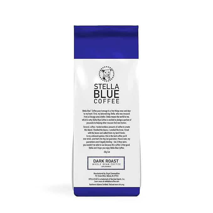 Stella Blue Ground Coffee, Electric Avenue Blend, Dark Roast, Toffee, Dark Chocolate & Subtle Smokiness Notes, 100% Arabica, Ethically Sourced from Central and South America, 12 oz bag