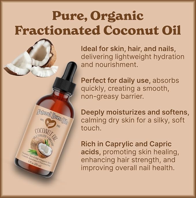 Coconut Oil Fractionated, 16oz, Organic, Cold-Pressed, Carrier Oil, Fast-Absorbing, Deep Skin Care, Hair Health, Natural Born Oils.
