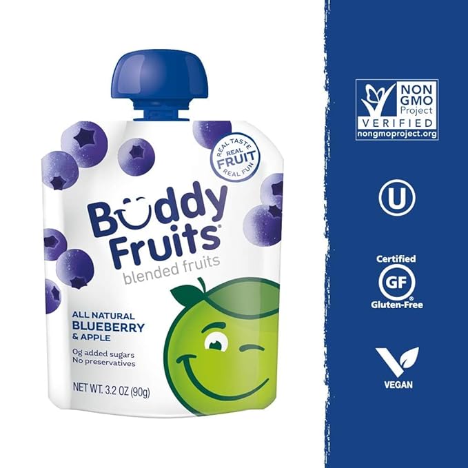 Buddy Fruits Snacks To Go Blueberry Unsweetened Applesauce 3.2oz Pouch (18pk) Gluten-Nut-Dairy-Preservatives-BPA Free, Non GMO, Kosher