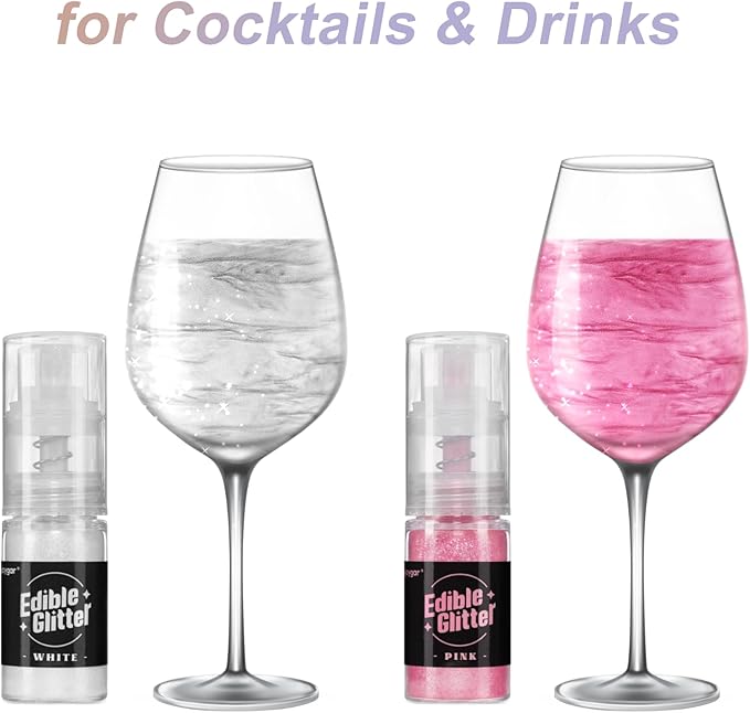 Sujoygar Edible Glitter Spray 2 Colors, White and Pink Edible Glitter for Cocktails, Shimmer Powder Luster Dust Edible for Cake Drink Strawberrie Cupcake Cookies Wedding Baking Decoretion, Vegan(5g/Bottle)