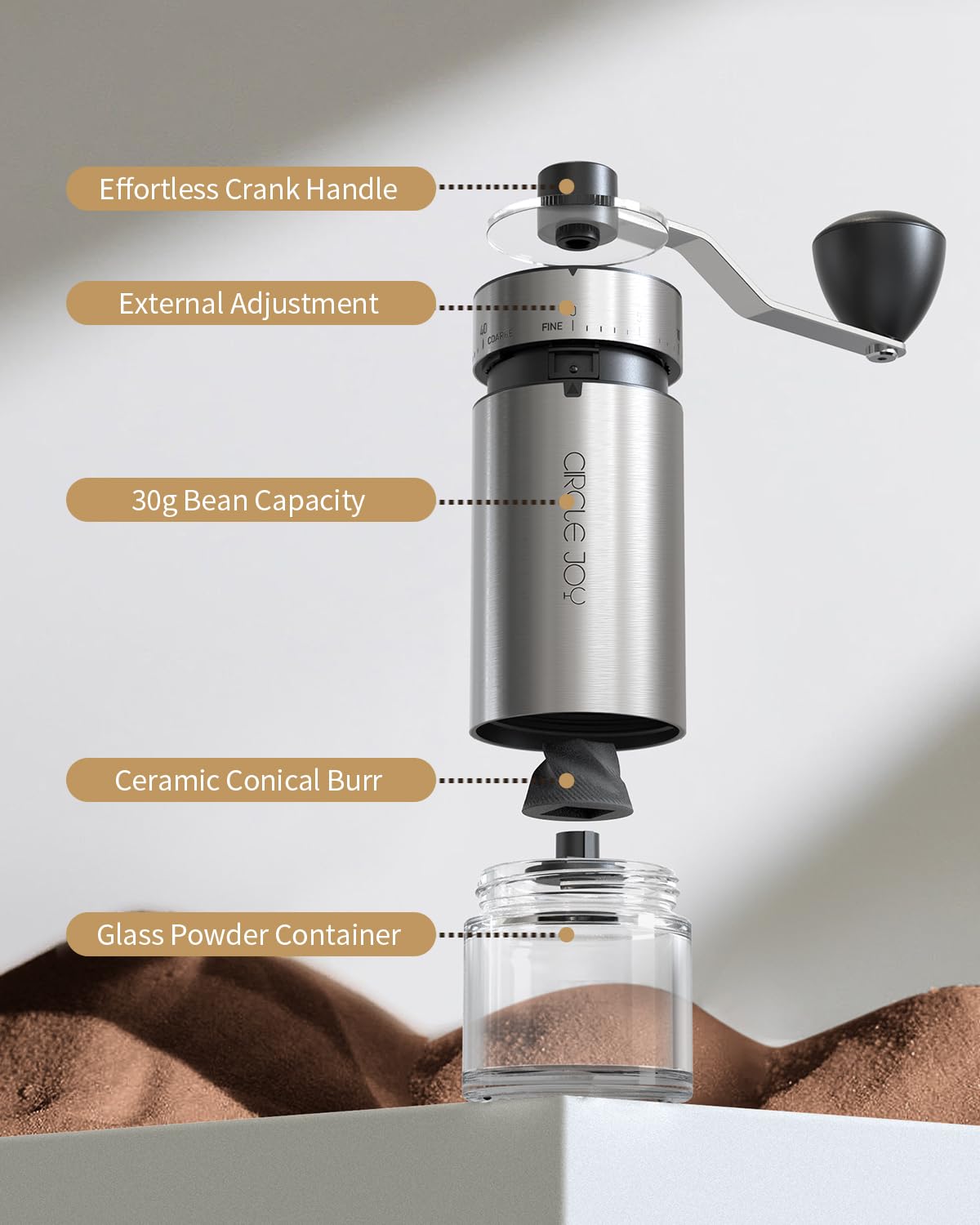 CIRCLE JOY Mini Manual Coffee Grinder with 40 External Adjustable Settings and Ceramic Conical