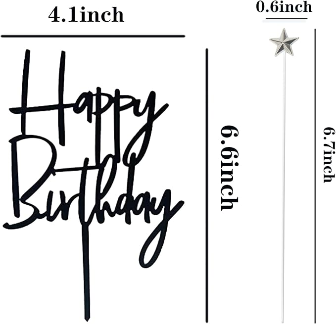 Set of 1 Black Acrylic Happy birthday Cake Topper,5 pcs silvery Star Cake Cupcake Topper(Black 1)