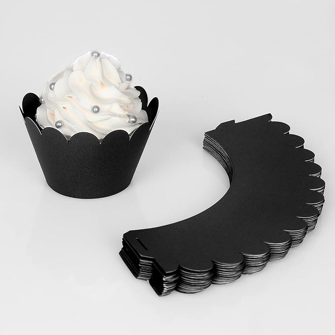 KPOSIYA Set of 100 Artistic Bake Cake Cups Filigree Little Vine Lace Laser Cut Cupcake Wrapper Liner Baking Cup Muffin CaseTrays for Wedding Birthday Party Decoration-Best Kitchen Gift (Black)