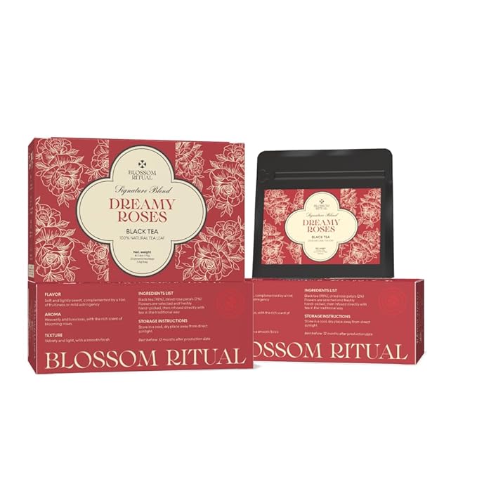BLOSSOM RITUAL Dreamy Roses – Black Tea Loose Leaf – 20 Natural Based Pyramid Bags – Serve Upto 60 cups – Rose Petal Infused – Boost Focus & Relaxation – Resealable Zip Pouch| 2.65oz