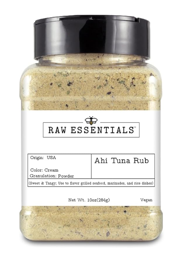 Raw Essentials Ahi Tuna Rub ??Sweet, Spicy, and Tangy Flavor for Ahi Tuna Steak, grilled seafood, Marinades and Rice Dishes ??10 Ounce Bottle