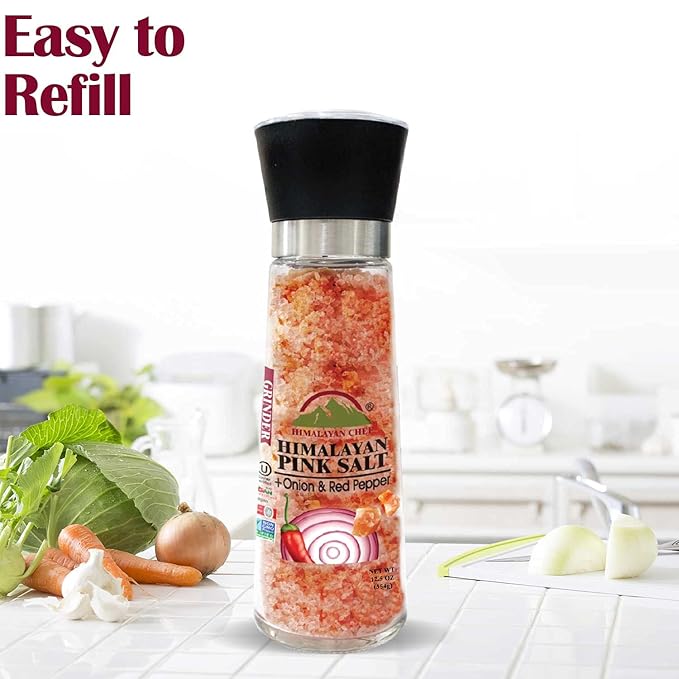 Himalayan Chef Pink Salt with Roasted Onion & Red Crushed Pepper, Tall Glass Grinder, 10.58 Oz