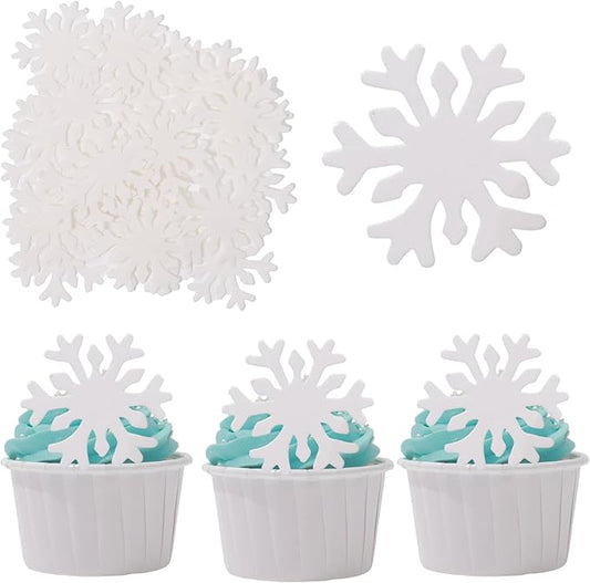 THJ 50PCS Edible Snowflakes Cupcake Toppers - White Snowflakes Cake Decorations Wafer Paper Sprinkles for Christmas Winter Holiday Frozen Theme Party Supplies
