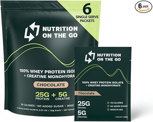 Travel Whey Protein Isolate Packets ??Single-Serve Protein Powder ??25g Protein + 5g Creatine ??Chocolate (6-Pack)