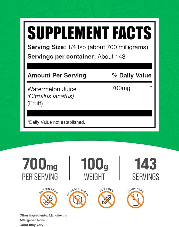 BulkSupplements.com Watermelon Juice Powder - from Watermelon Fruit, Fruit Powder, Hydation Supplement - 700mg per Serving, 100g (3.5 oz) (Pack of 1)