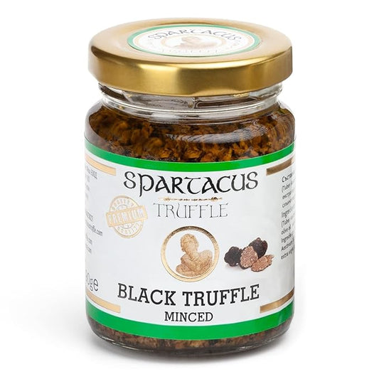Spartacus Black Truffles Preserved in Extra Virgin Olive Oil - Perfect Gourmet Seasoning for Pizza, Pasta, Salads, Potatoes, Meat and Eggs - Vegan and Gluten Free (3.17 oz)
