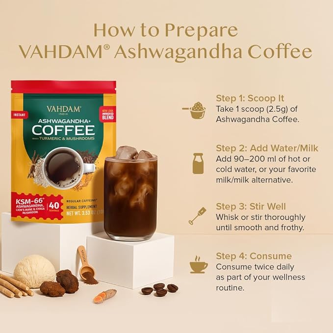 VAHDAM Ashwagandha Coffee with Turmeric, Lion?™s Mane & Chaga Mushroom | Clinically Proven KSM 66 Ashwagandha & Pure Arabica Coffee | Stress & Cortisol Support, Better Energy - 40 servings