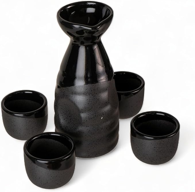 Urban Tokyo Japanese Sake 5 Piece Set Include 1 Sake Bottle and 4 Cups for Hot or Cold Sake Home or Restaurant Use Reactive Glazed Ceramic (Black Matte Gloss)