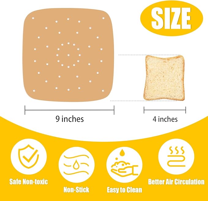 Air Fryer Parchment Paper Liners, 100 Pcs 9 Inch Square Air Fryer Liners, Unbleached Perforated Parchment Paper Sheets for Baking, Parchment Paper for Air Fryer and Bamboo Steaming Basket