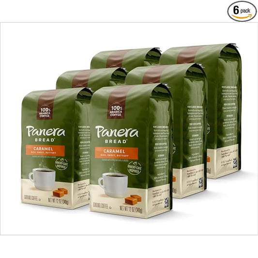 Panera Caramel Light Roast, Ground Coffee, Flavored Coffee, Bagged 12oz, Pack of 6