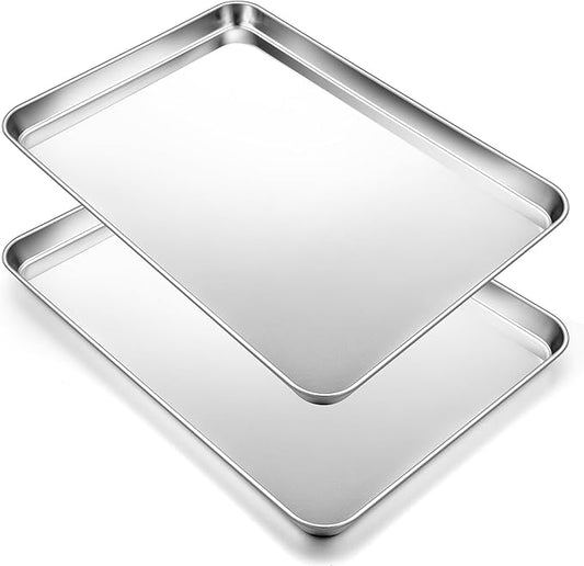 2Pcs Baking Sheet Pan Set, Joyfair Stainless Steel Cookie Sheets, Commercial Metal Pans Toaster Oven Tray Bakeware for Jelly Roll/Bread/Bacon, Heavy Gauge, Rust-free & Dishwasher Safe (16 Inch)
