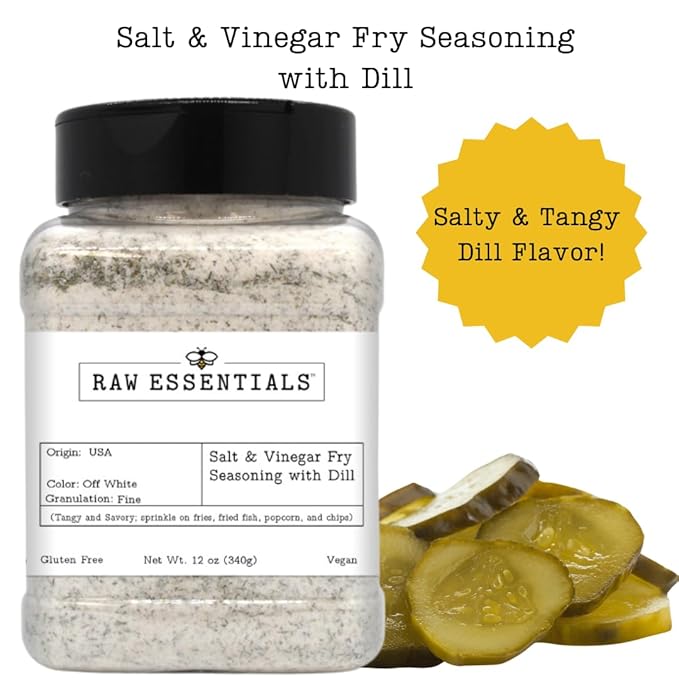 Raw Essentials Salt and Vinegar with Dill Gourmet Fries Seasoning - Tangy Dill Pickle Flavor - Great on Fries, Fried Fish, Popcorn, and Chips - Gluten-Free and Vegan - 12 Ounce Bottle