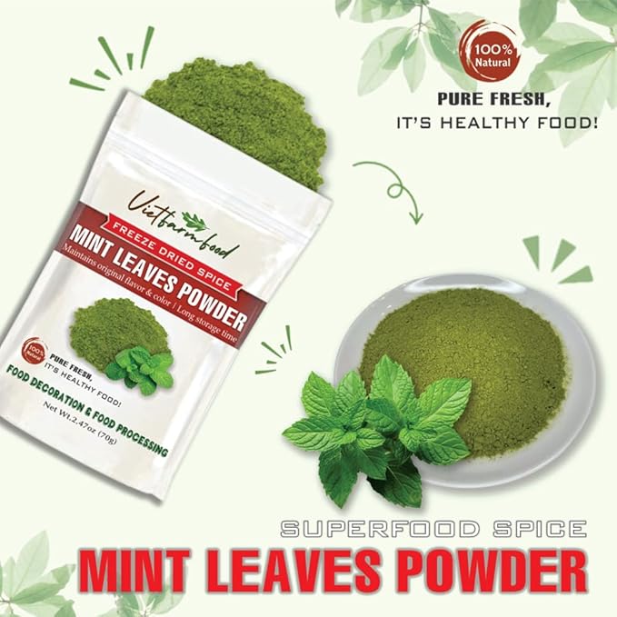 MINT LEAVES POWDER 2.47 Oz (70g) VIETFARMFOOD: Pure, natural freeze-dried spice made from real